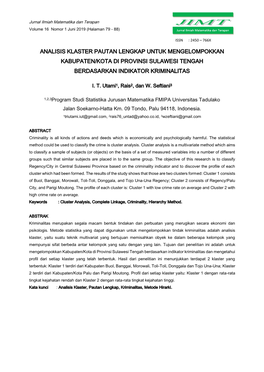 Analisis Klaster Pautan Lengkap Untuk Mengelompokkan Kabupaten/Kota Di Provinsi Sulawesi Tengah Berdasarkan Indikator Kriminalitas