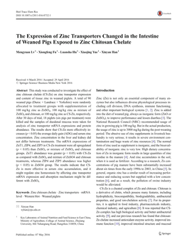 The Expression of Zinc Transporters Changed in the Intestine of Weaned Pigs Exposed to Zinc Chitosan Chelate