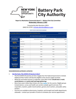 Report to Manhattan Community Board 1 – Battery Park City Committee Wednesday, February 3, 2021