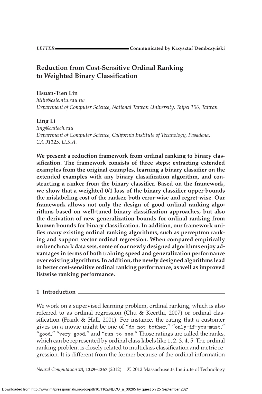 Reduction from Cost-Sensitive Ordinal Ranking to Weighted Binary Classiﬁcation