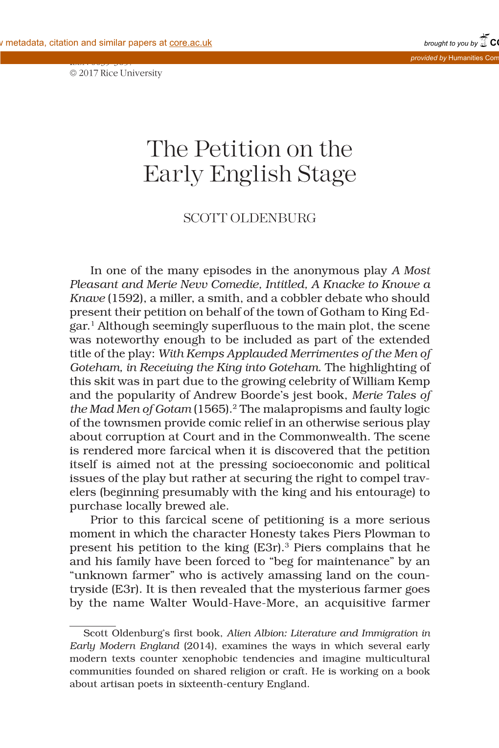 The Petition on the Early English Stage