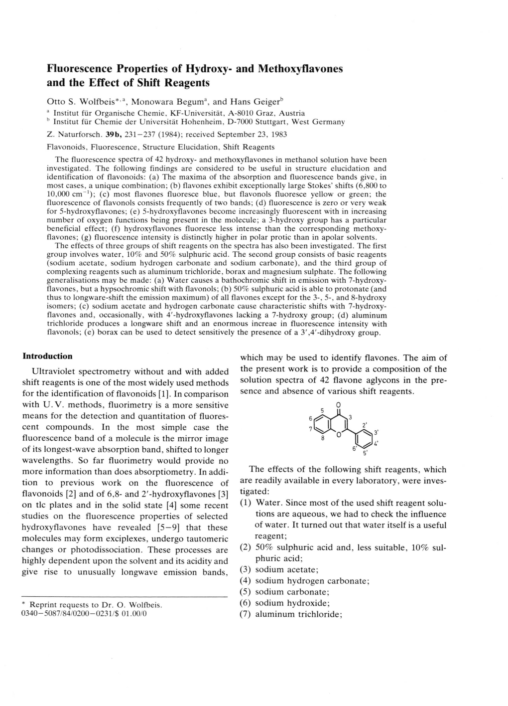 Fluorescence Properties of Hydroxy- and Methoxyflavones and the Effect of Shift Reagents