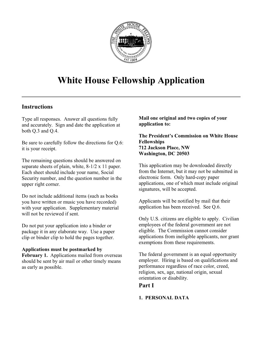 White House Fellowship Application