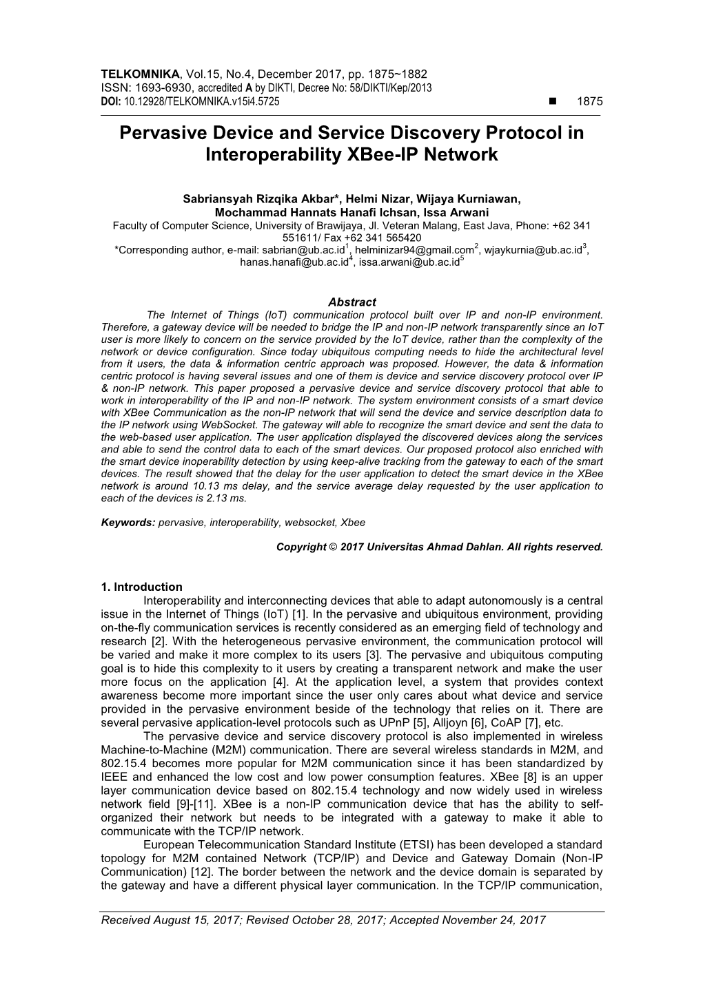 Pervasive Device and Service Discovery Protocol in Interoperability Xbee-IP Network