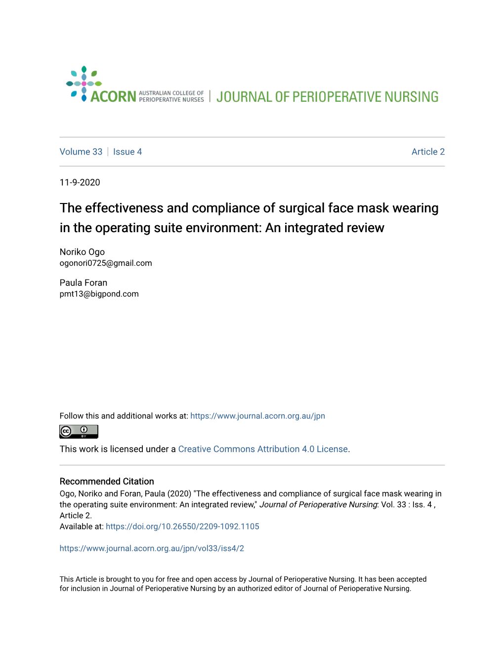 The Effectiveness and Compliance of Surgical Face Mask Wearing in the Operating Suite Environment: an Integrated Review