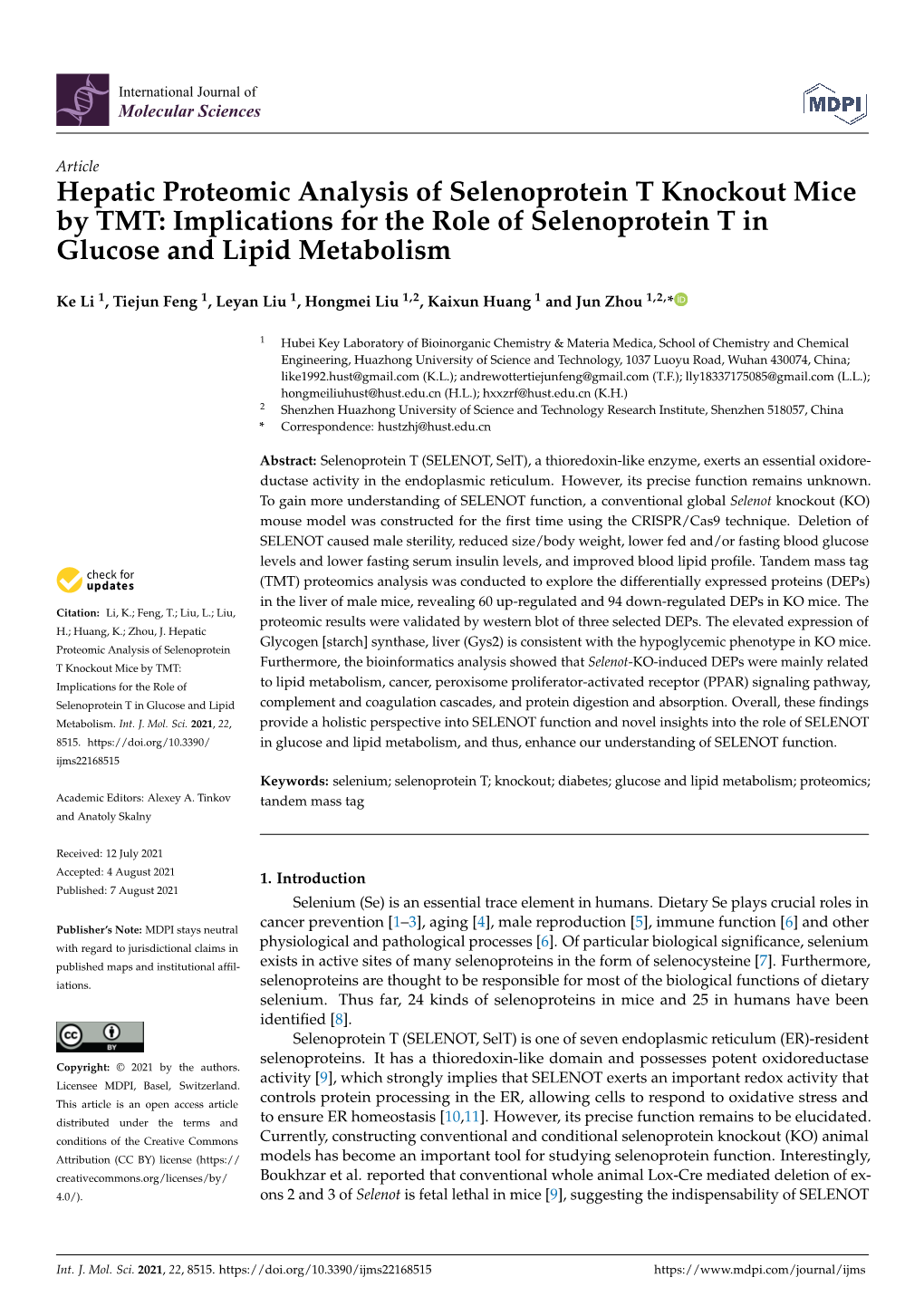 Hepatic Proteomic Analysis of Selenoprotein T Knockout Mice by TMT: Implications for the Role of Selenoprotein T in Glucose and Lipid Metabolism