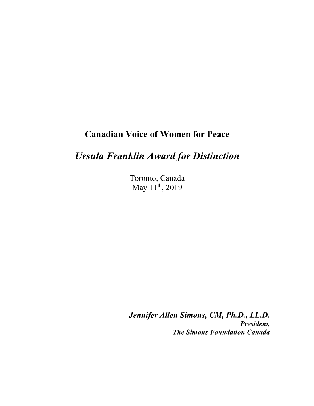 Ursula Franklin Award for Distinction