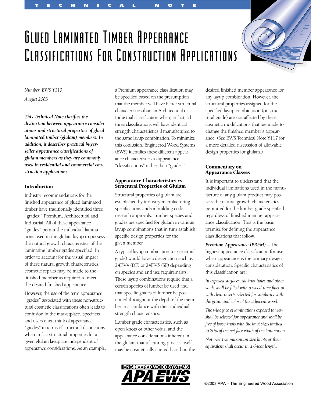 Glued Laminated Timber Appearance Classifications for Construction Applications