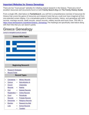 Greece Genealogy There Are Two "Must Peruse" Websites for Initiating Original Research in the Greece