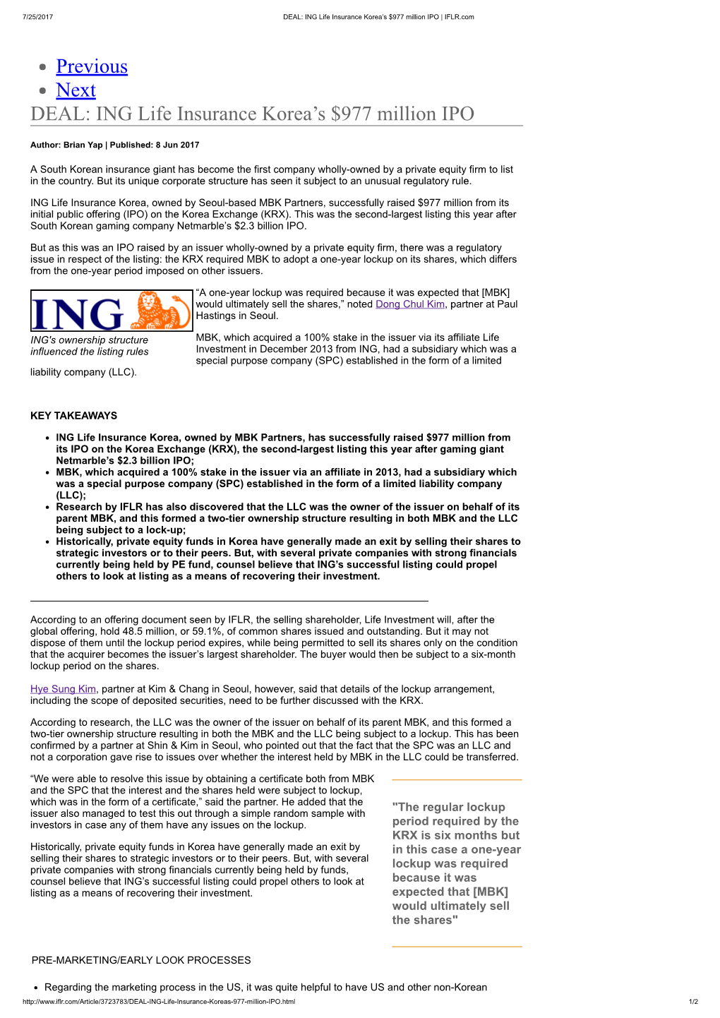 Previous Next DEAL: ING Life Insurance Korea's $977 Million