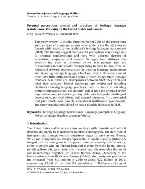 Parental Perceptions Toward and Practices of Heritage Language Maintenance: Focusing on the United States and Canada