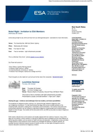 Nobel Night - Invitation to ESA Members Society of Australia, Wednesday 8Th October October, 2014