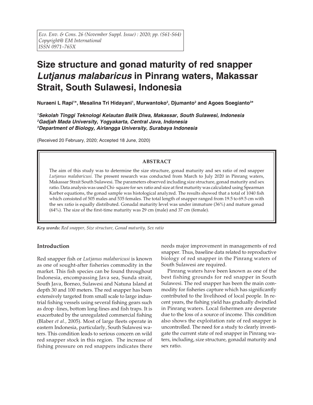 Size Structure and Gonad Maturity of Red Snapper Lutjanus Malabaricus in Pinrang Waters, Makassar Strait, South Sulawesi, Indonesia