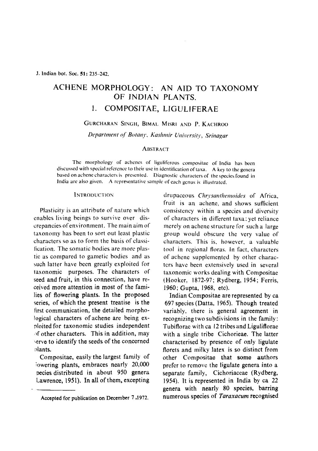 Achene Morphology; an Aid to Taxonomy of Indian Plants. I