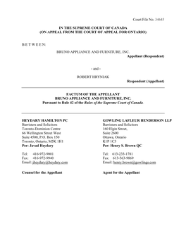 Court File No. 34645 in the SUPREME COURT of CANADA (ON APPEAL from the COURT of APPEAL for ONTARIO) B E T W E E N: BRUNO APPLIA