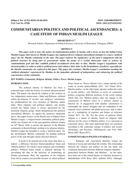Communitarian Politics and Political Ascendancies: a Case Study of Indian Muslim League