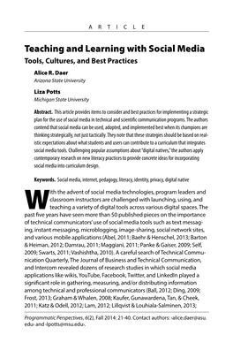 Teaching and Learning with Social Media Tools, Cultures, and Best Practices Alice R