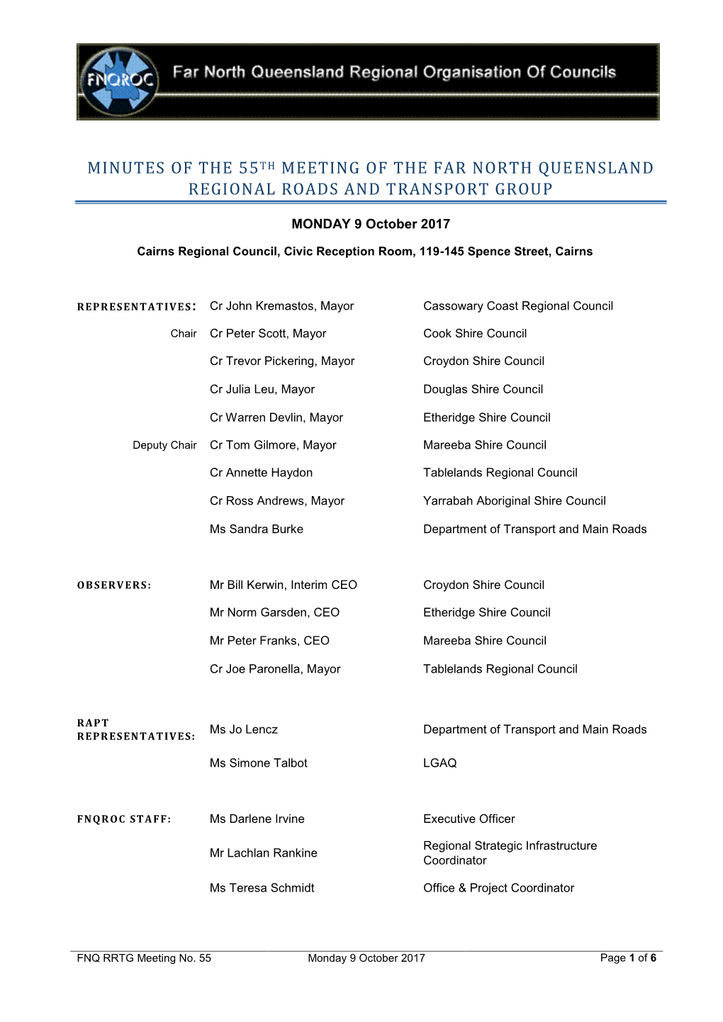 Minutes of the 55Th Meeting of the Far North Queensland Regional Roads and Transport Group