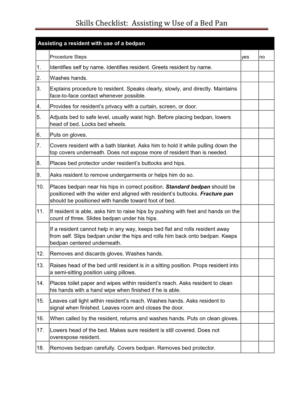 Skills Checklist: Assisting W Use of a Bed Pan