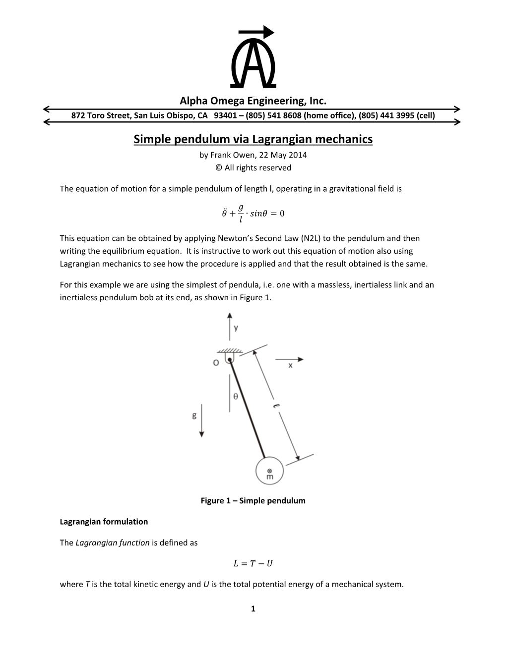 Simple Pendulum Via Lagrangian Mechanics by Frank Owen, 22 May 2014 © All Rights Reserved