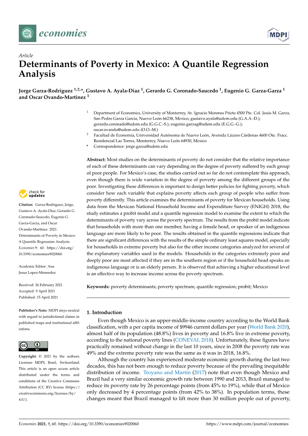 Determinants of Poverty in Mexico: a Quantile Regression Analysis