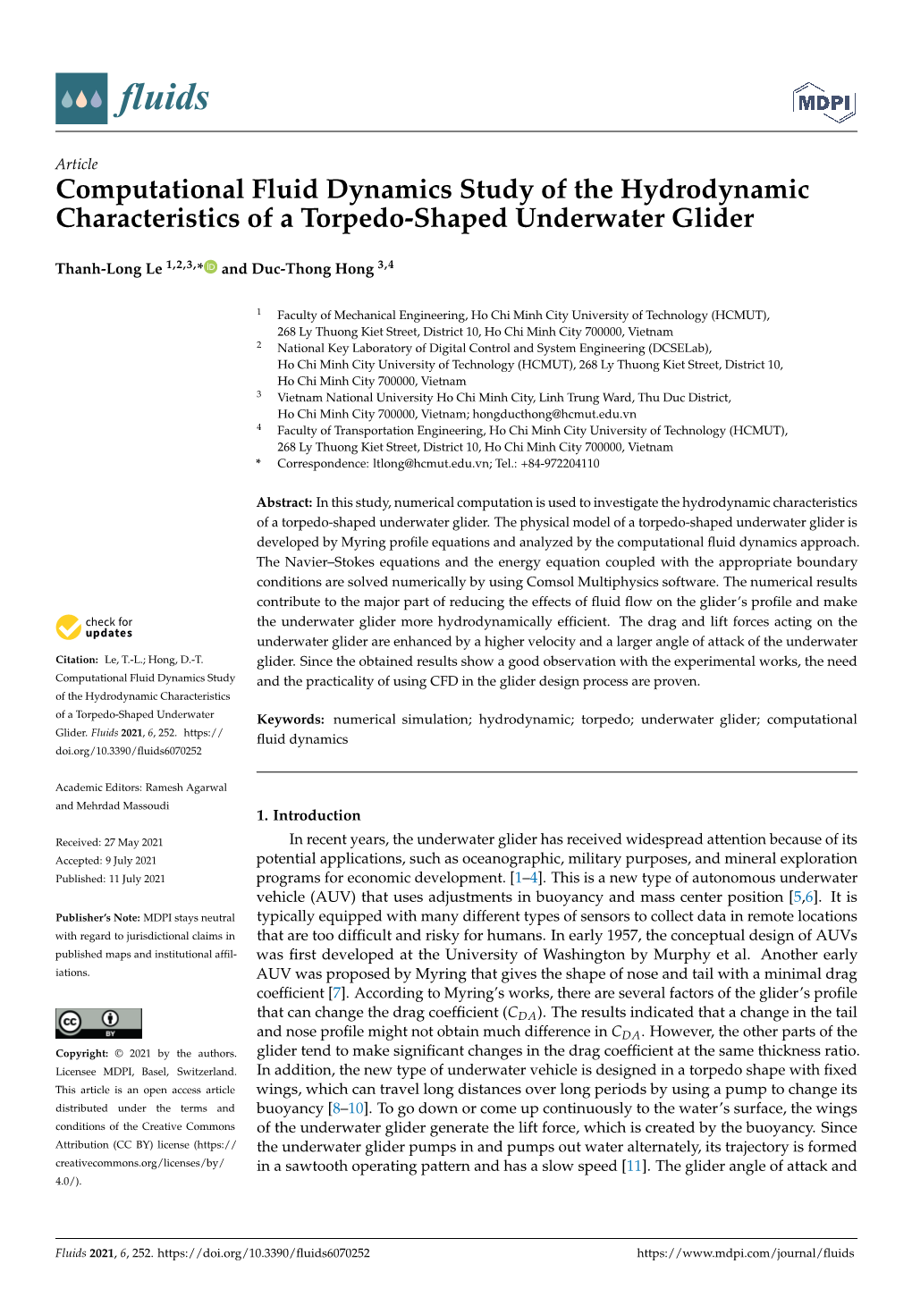 Computational Fluid Dynamics Study of the Hydrodynamic Characteristics of a Torpedo-Shaped Underwater Glider