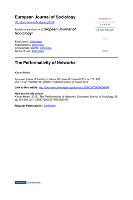 European Journal of Sociology the Performativity of Networks