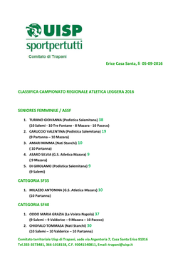 Classifica Campionato Regionale a Seniores