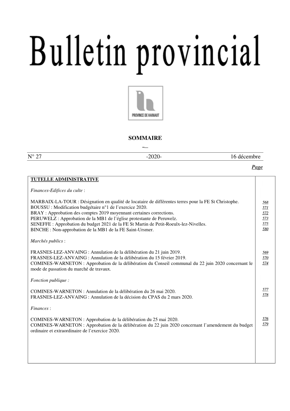 Bulletin Provincial N°27 Du 16 Décembre 2020