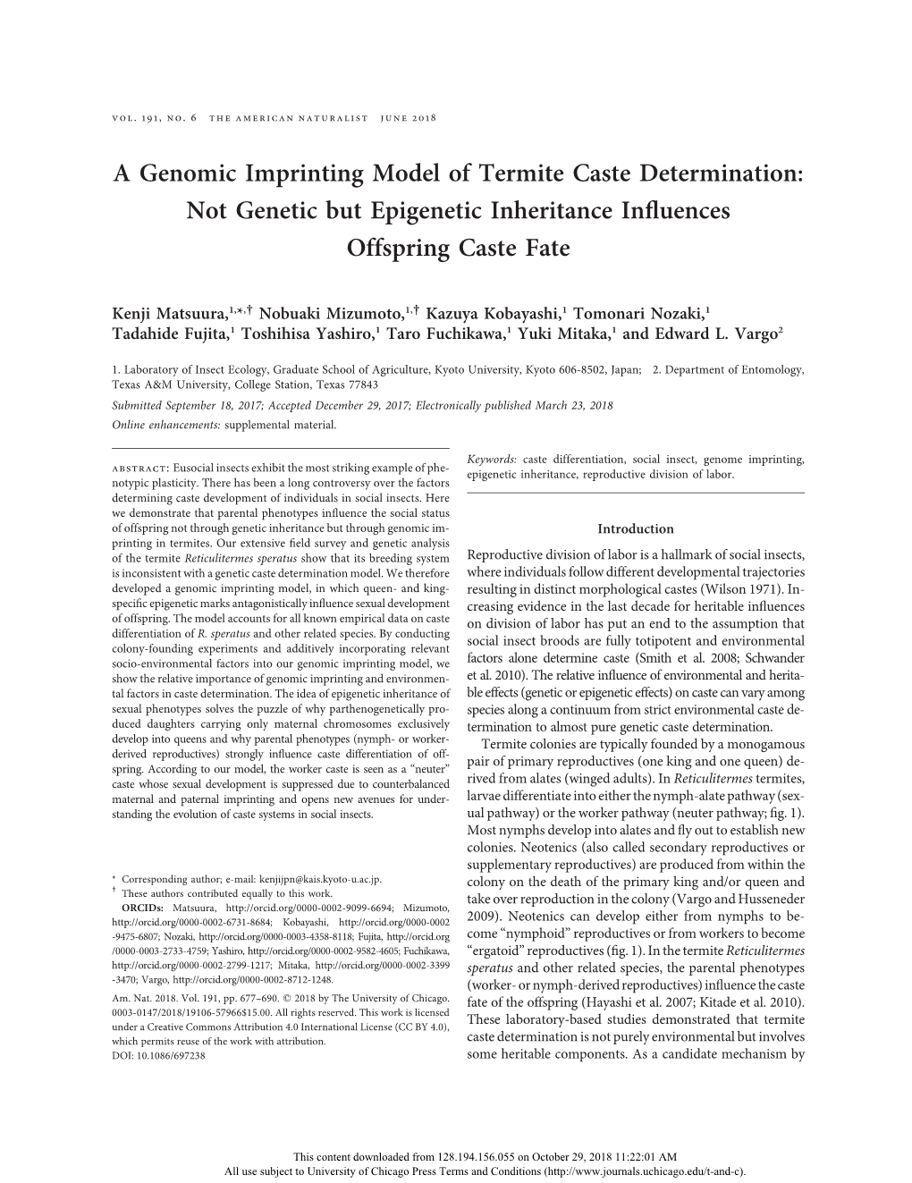 A Genomic Imprinting Model of Termite Caste Determination: Not Genetic but Epigenetic Inheritance Inﬂuences Offspring Caste Fate