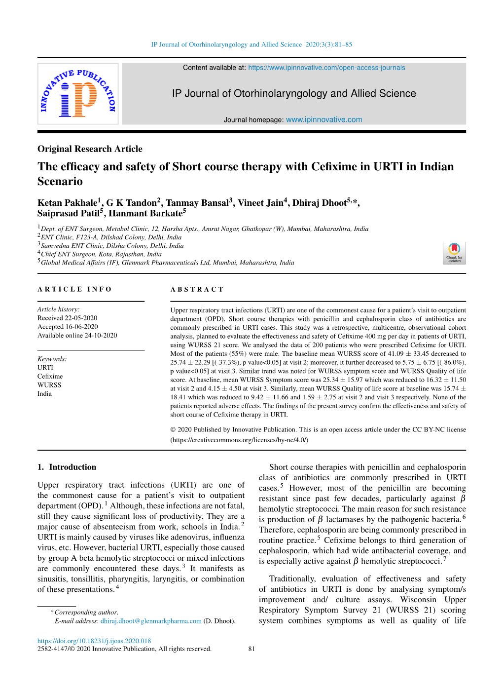 The Efficacy and Safety of Short Course Therapy with Cefixime in URTI In