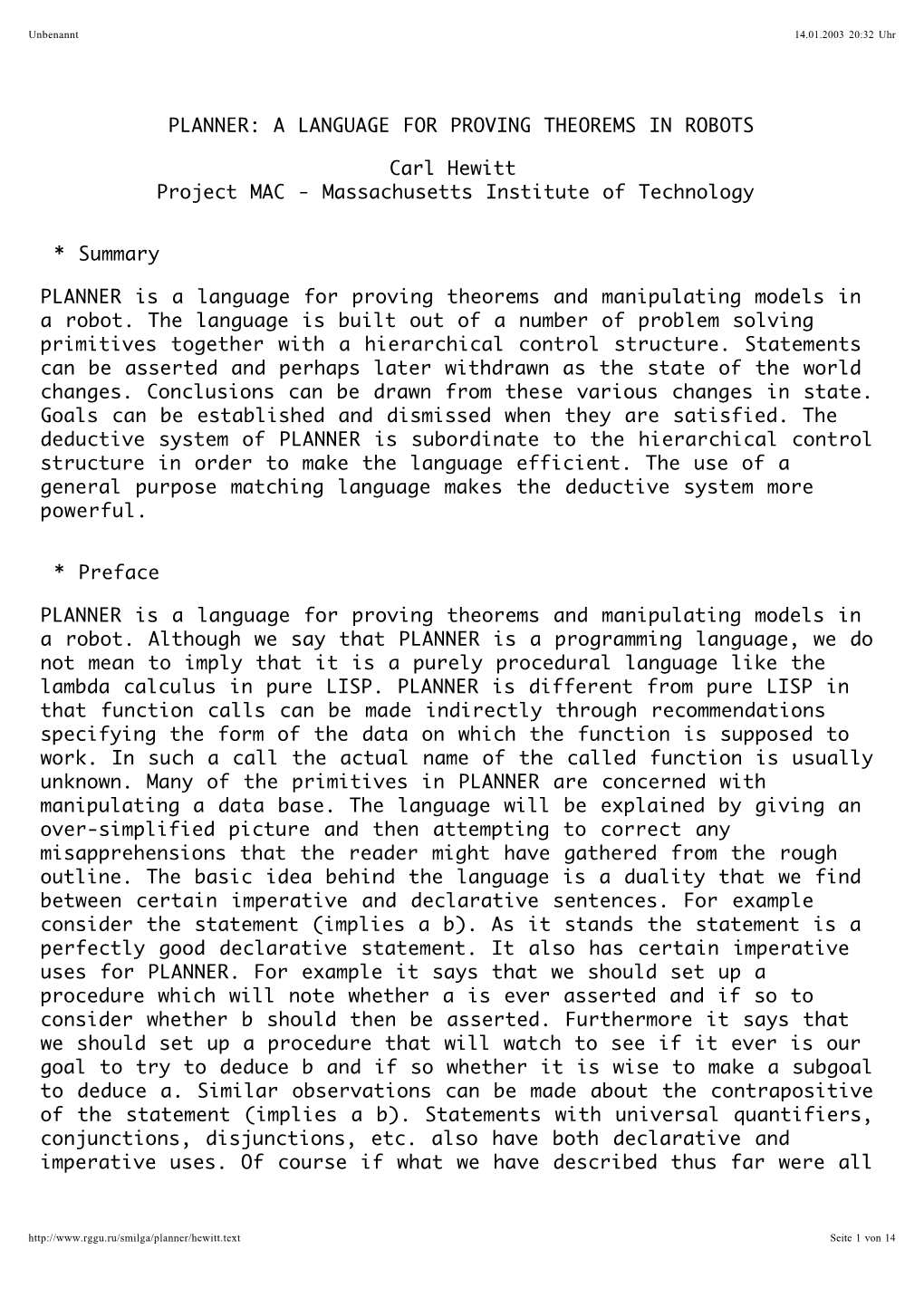 Planner: a Language for Proving Theorems in Robots