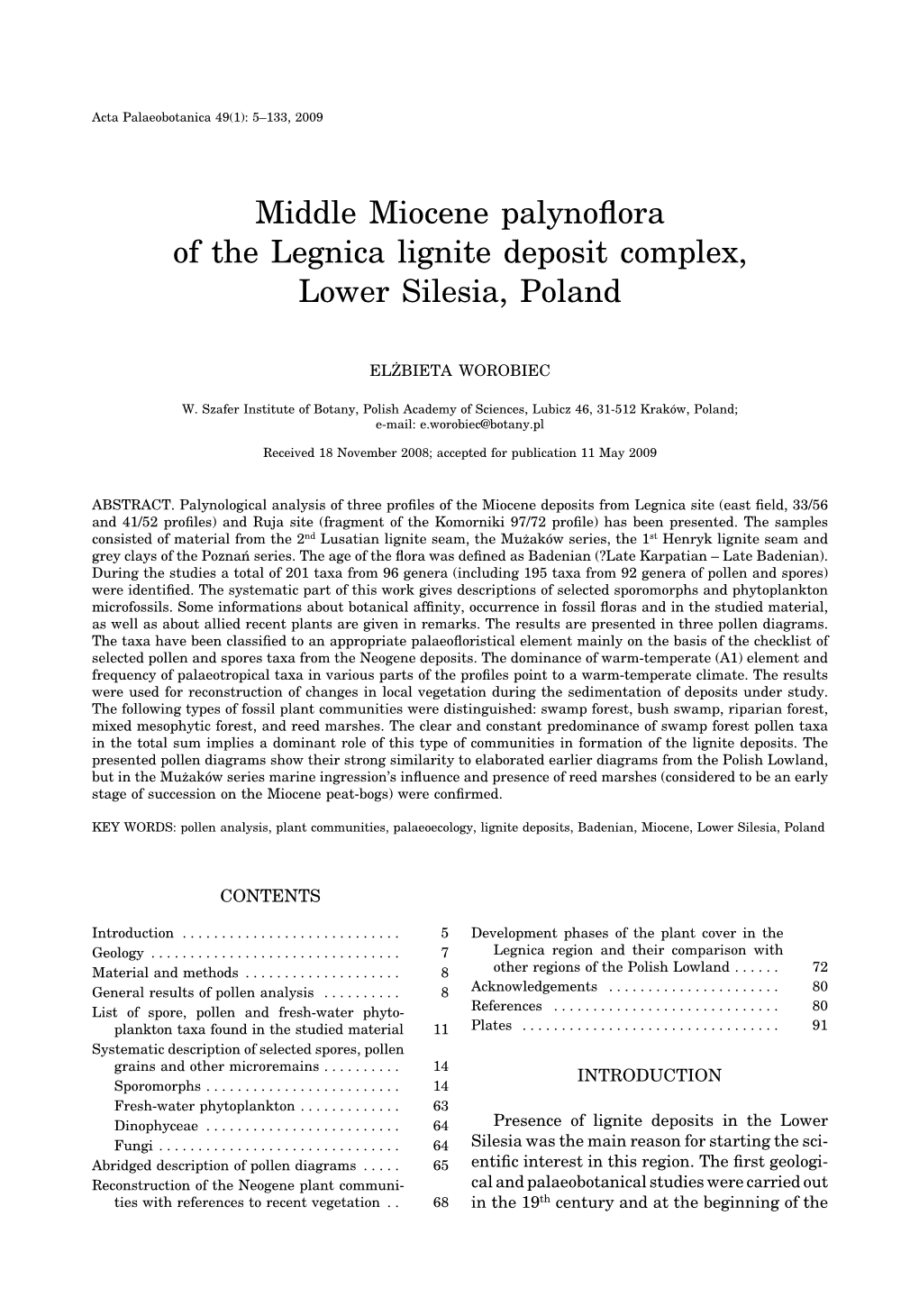 Middle Miocene Palynoflora of the Legnica Lignite Deposit Complex