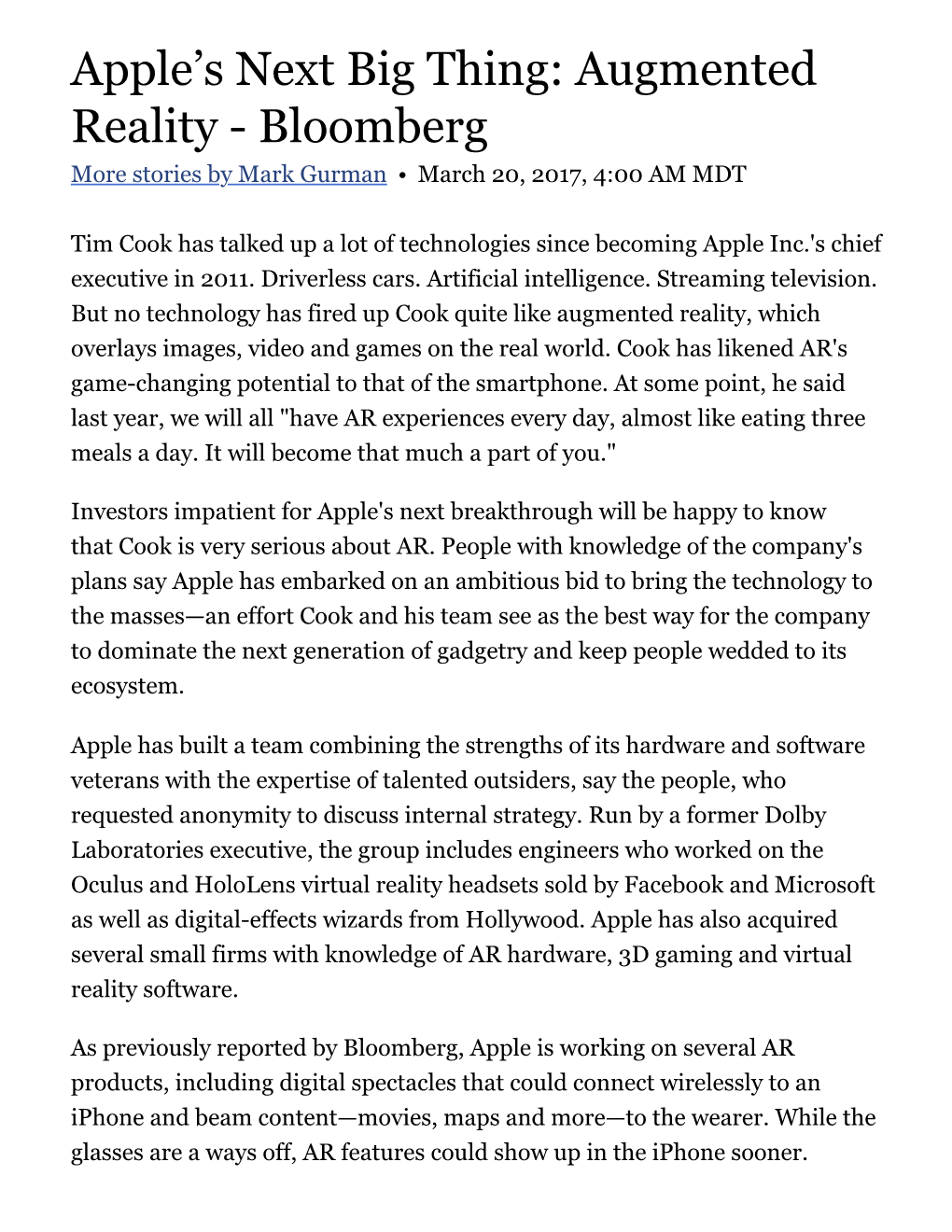 Augmented Reality - Bloomberg More Stories by Mark Gurman • March 20, 2017, 4:00 AM MDT