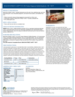 BEACON STREET CAFÉ™ 51% WG Turkey Pepperoni Stuffed Sandwich - IW - 78377 Page 1 of 2