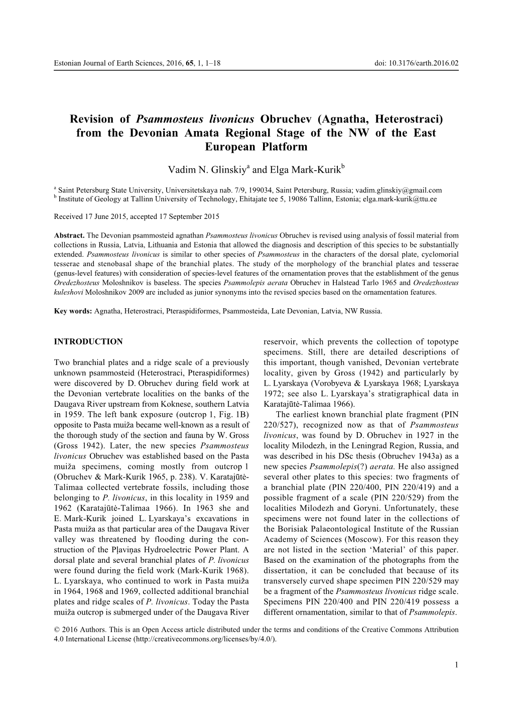 Revision of Psammosteus Livonicus Obruchev (Agnatha, Heterostraci) from the Devonian Amata Regional Stage of the NW of the East European Platform