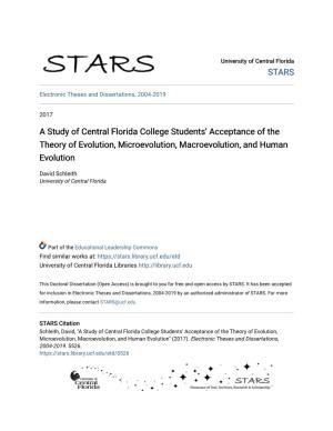 A Study of Central Florida College Students' Acceptance of the Theory of Evolution, Microevolution, Macroevolution, and Human Evolution