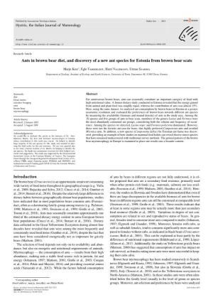 Ants in Brown Bear Diet, and Discovery of a New Ant Species for Estonia from Brown Bear Scats