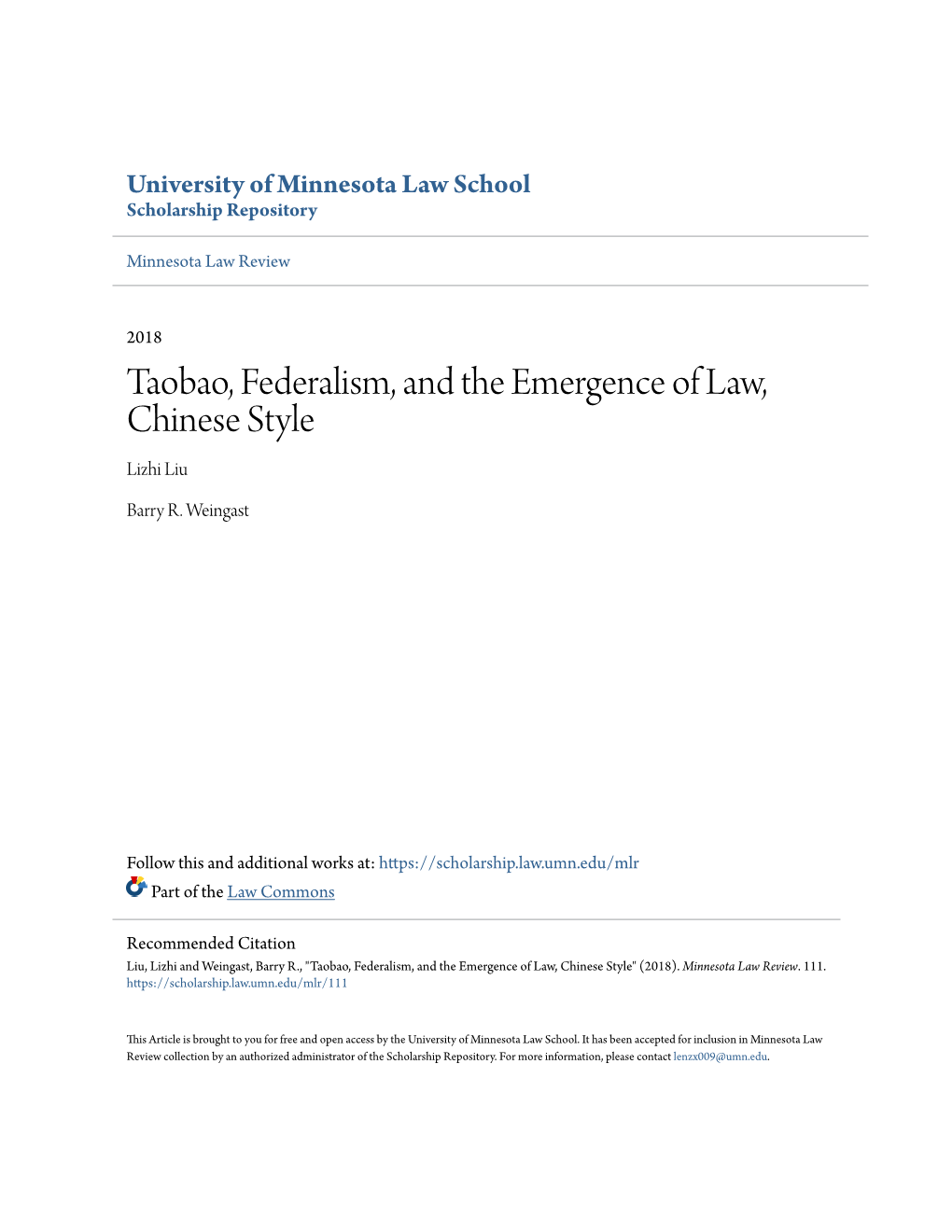 Taobao, Federalism, and the Emergence of Law, Chinese Style Lizhi Liu