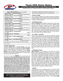 Game Notes Vs. Finland • Friday, May 1, 2015 • 2015 IIHF Men’S World Championship • Page Two