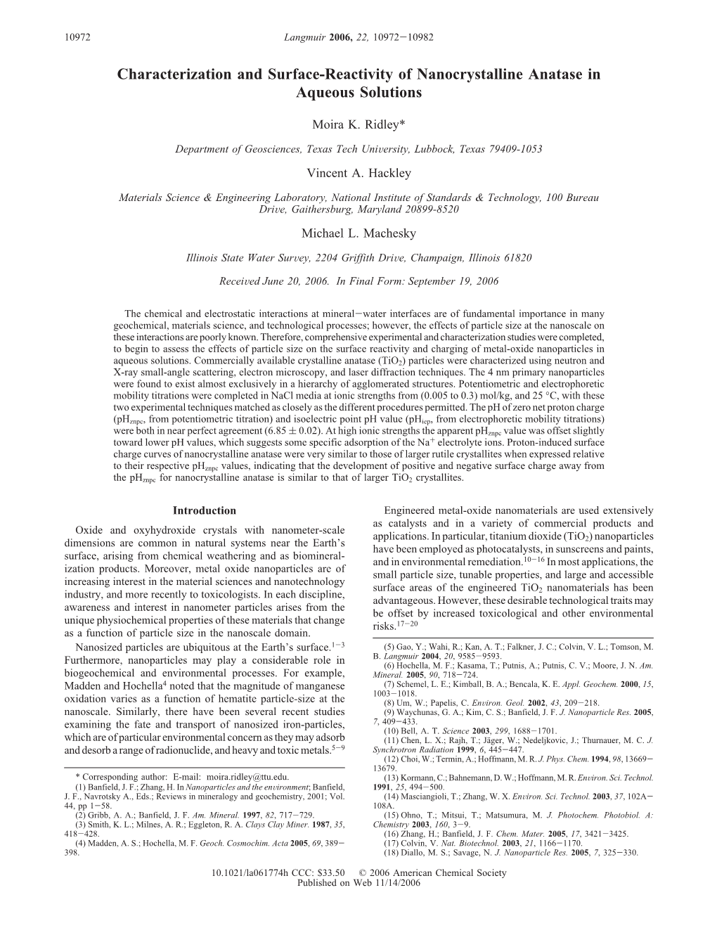 Characterization and Surface-Reactivity of Nanocrystalline Anatase in Aqueous Solutions