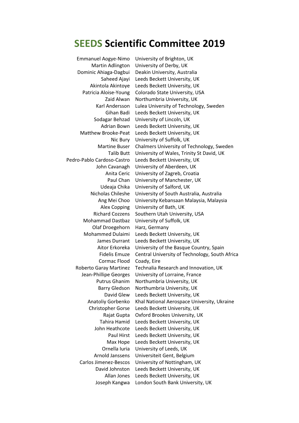 SEEDS Scientific Committee 2019