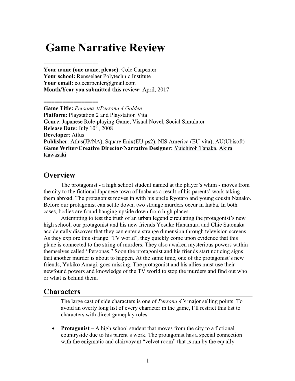 Game Narrative Review