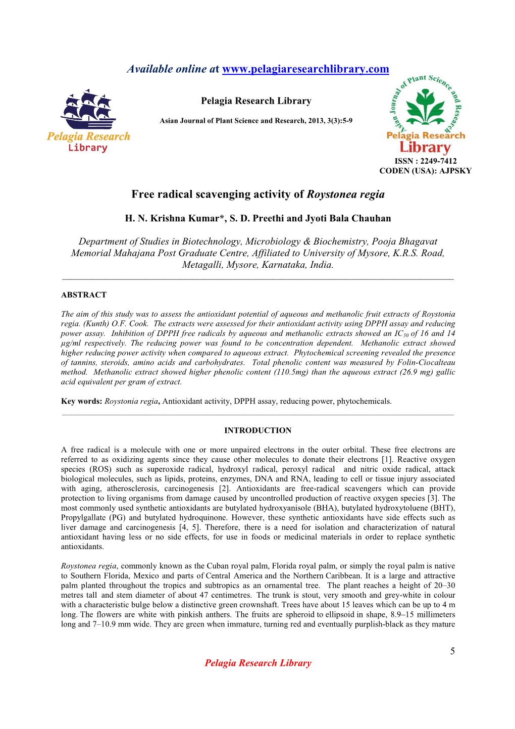 Free Radical Scavenging Activity of Roystonea Regia