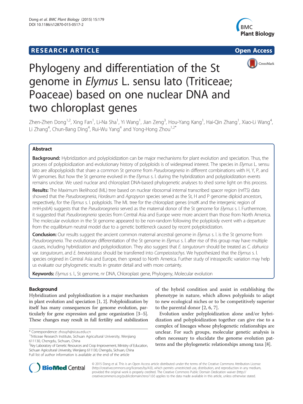 Phylogeny and Differentiation of the St Genome in Elymus L. Sensu Lato