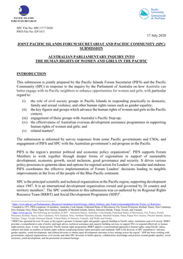 17 July 2020 JOINT PACIFIC ISLANDS FORUM SECRETARIAT and PACIFIC COMMUNITY (SPC) SUBMISSION AUSTRALIAN PARLIAMENTARY INQUIRY