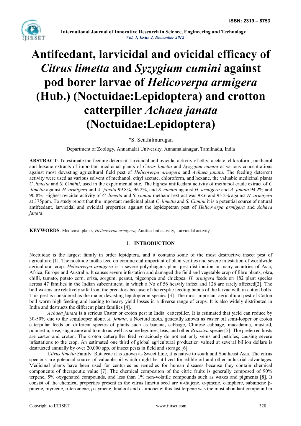 Antifeedant, Larvicidal and Ovicidal Efficacy of Citrus Limetta And