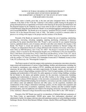 Notice of Public Hearing on Proposed Project and Issuance of Revenue Bonds by the Dormitory Authority of the State of New York for Barnard College