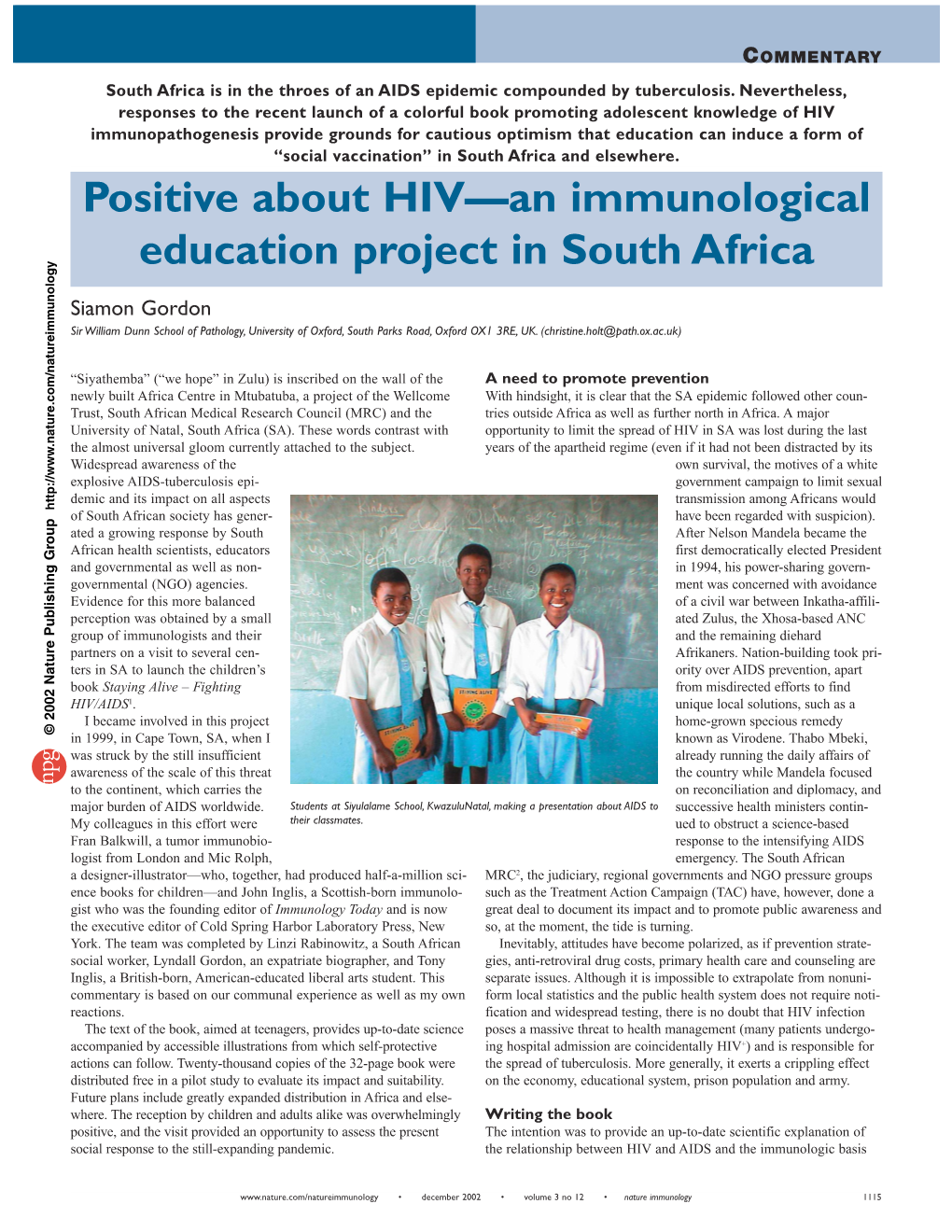 Positive About HIV—An Immunological Education Project in South Africa