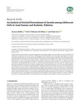 An Analysis of Societal Determinant of Anemia Among Adolescent Girls in Azad Jammu and Kashmir, Pakistan